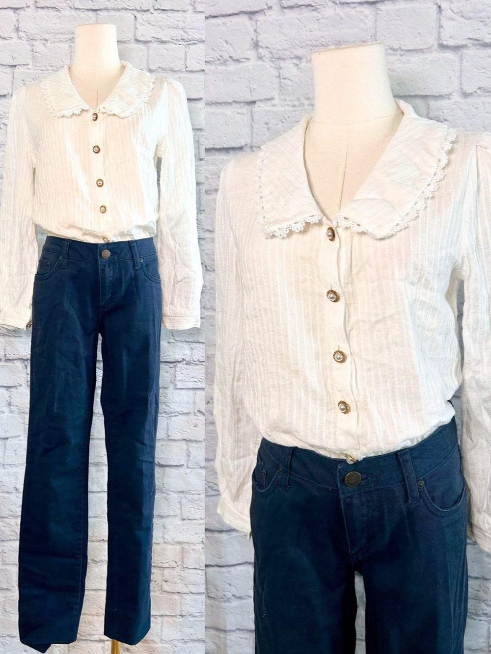 White Lace Trim Blouse Striped Embroidered Gold Pearl Buttons Academia Twee Fall